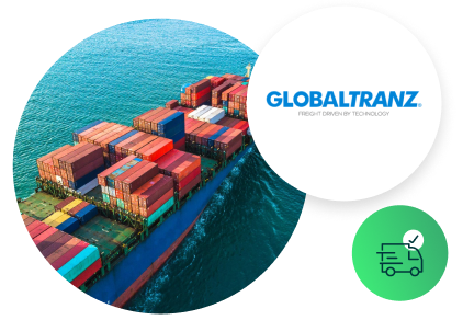 Afbeelding bij de casestudy van GlobalTranz met vrachtschip, het logo van GlobalTranz en een vervoerspictogram
